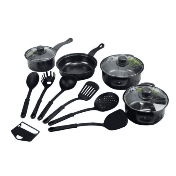 Set de 13 Piezas de Cocina | 3 Ollas Antiadherentes + 1 Sarten Antiadherente + Utensilios 🔥 Oferta Black November 🔥