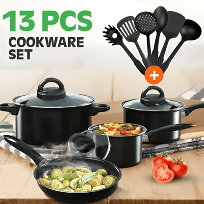 Set de 13 Piezas de Cocina | 3 Ollas Antiadherentes + 1 Sarten Antiadherente + Utensilios 🔥 Oferta Black November 🔥