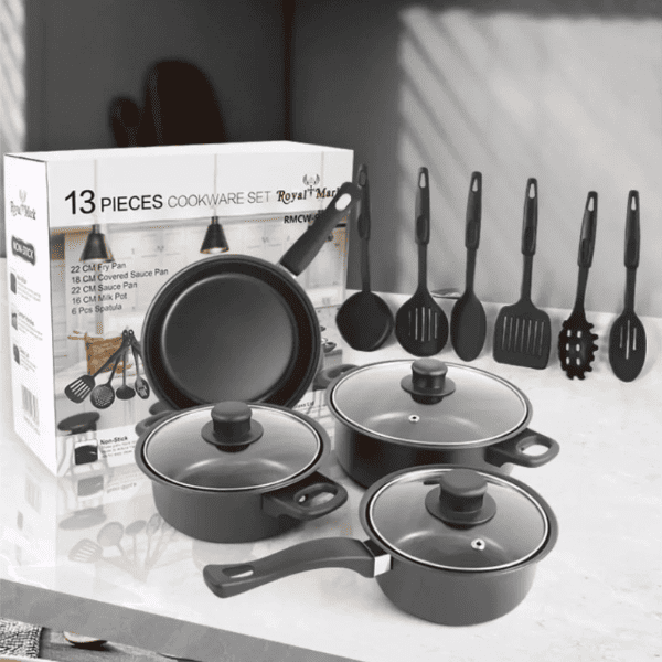 Set de 13 Piezas de Cocina | 3 Ollas Antiadherentes + 1 Sarten Antiadherente + Utensilios 🔥 Oferta Black November 🔥