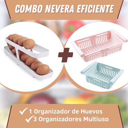 Combo nevera eficiente [3 organizadores multiuso + 1 organizador de huevos]