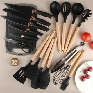 Set de 19 Utensilios de Silicona y Madera + Tabla